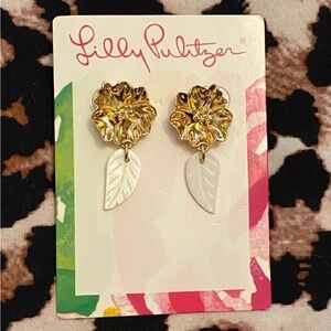 Lilly Pulitzer Gold Metal Mini-Orchid Earrings w/ Dangling Feather